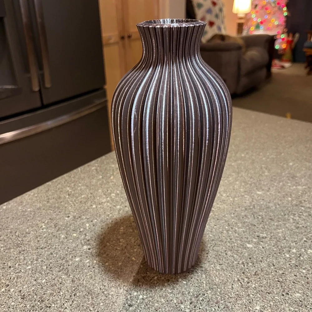 Modern 3D Printed Vase‎ Metalic Plum Color Ribbed Vase Home Decor